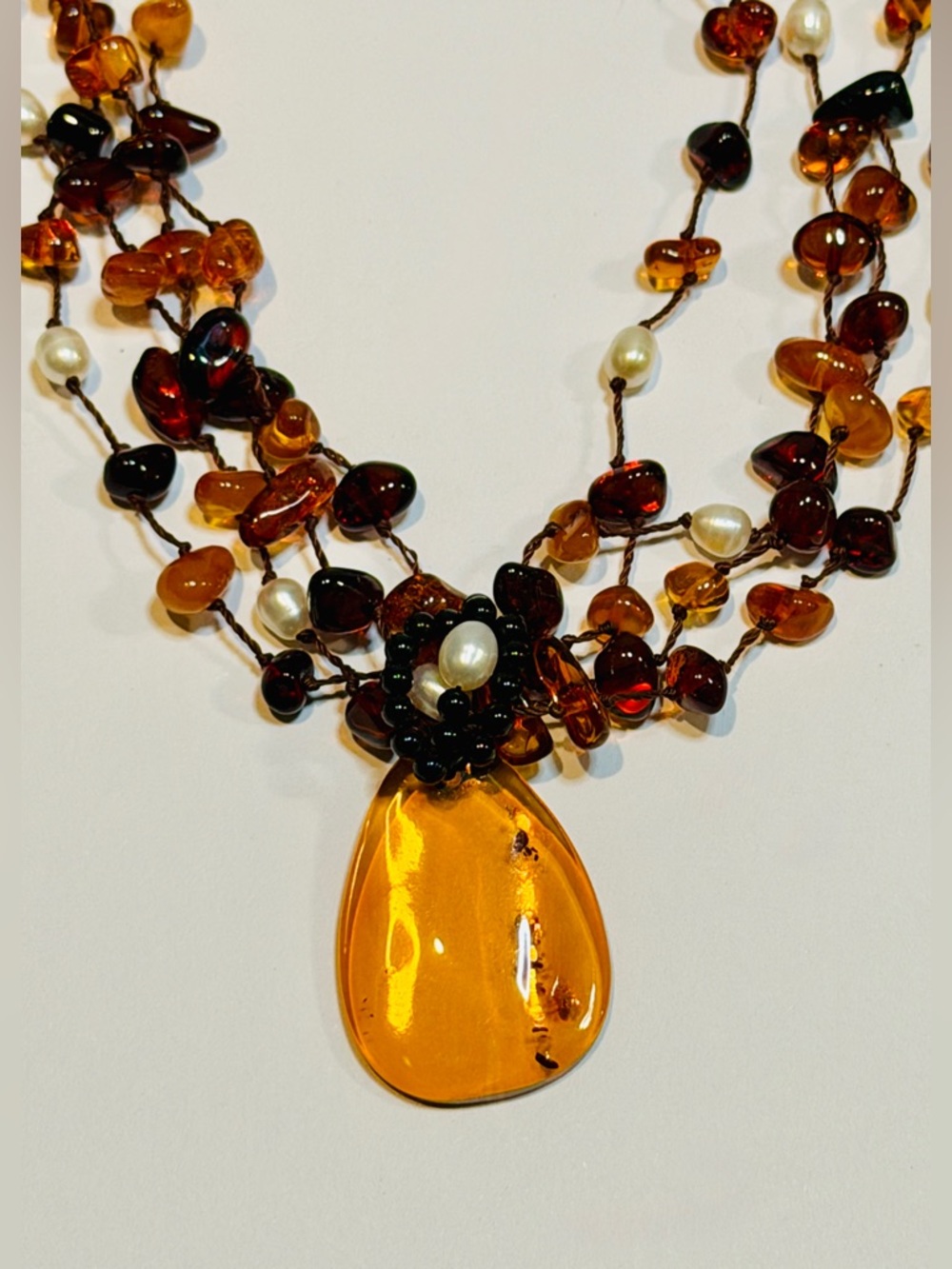 Boho Multi Strand Amber Necklace w/ Large Pendant Statement Piece - Picture 2 of 7
